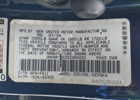 2005 Toyota Corolla Ce z USA, uszkodzony, nr VIN 1NXBR32E05Z384222